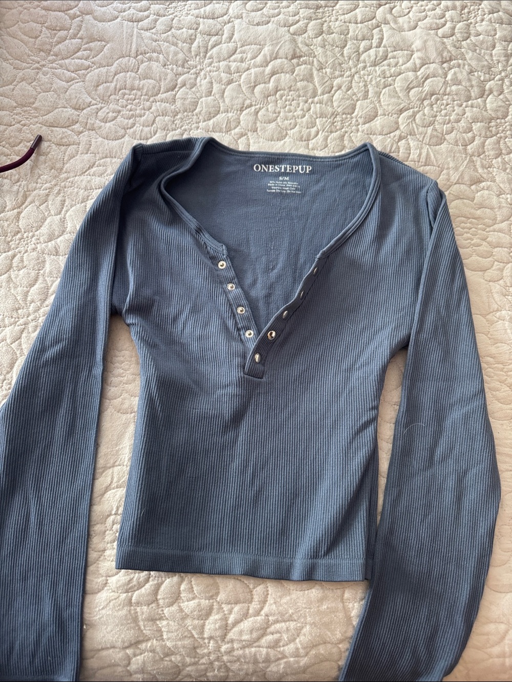 One Step Ahead Ribbed Henley Long Sleeve Top - Slate Blue